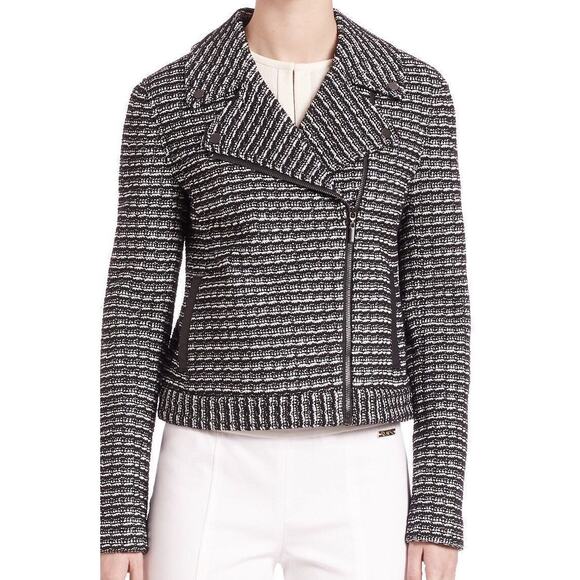 Tory Burch Tweed Moto Jacket Black Knit Zip Front Leather Trim Small Old Money - Picture 11 of 11